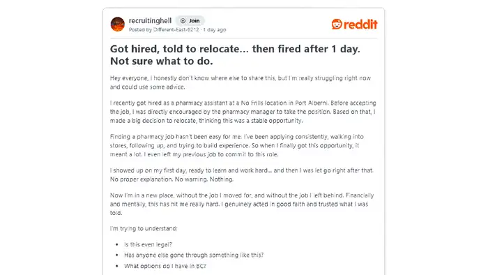 Man Relocates for Job, Fired on Day One Reddit Post Goes Viral