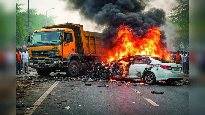 डंपर की टक्कर से कार में लगी आग, दो जि़ंदा जले डंपर की टक्कर से कार में लगी आग, दो जि़ंदा जले