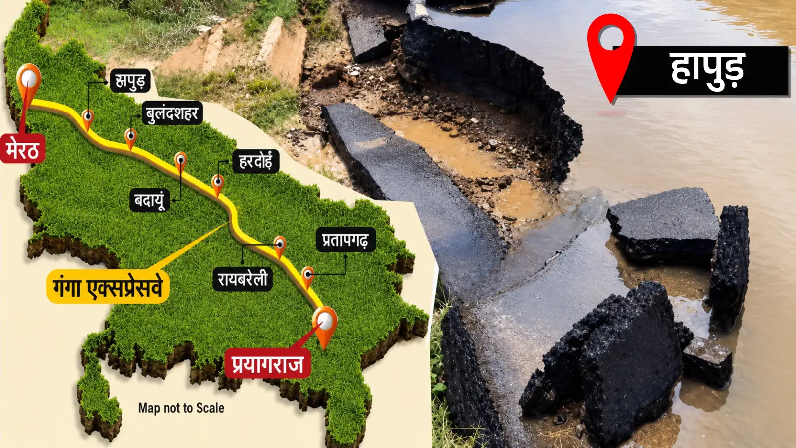 हापुड़ में पहली ही बारिश में खुली गंगा एक्सप्रेसवे की पोल! 2 महीने बाद ही धंस गई सर्विस रोड
