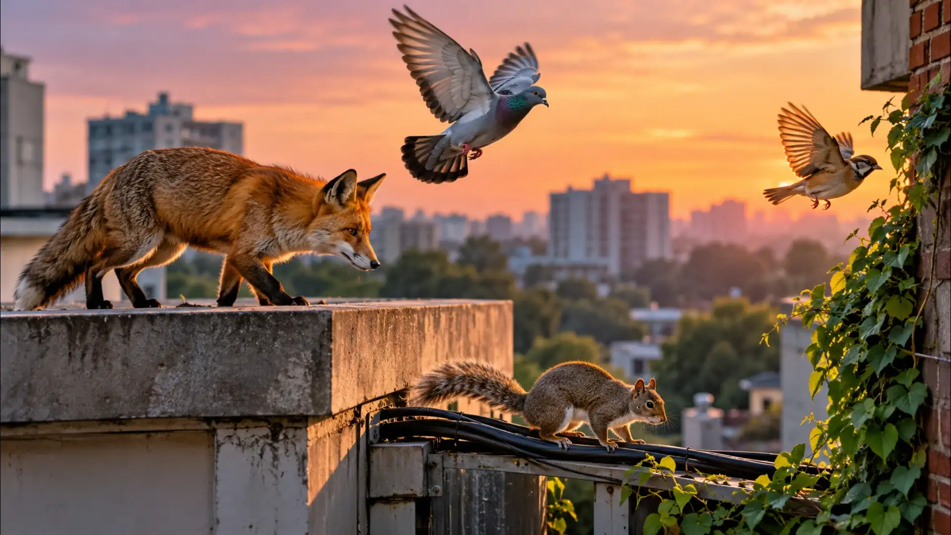 Wildlife Over the Sunset Cityscape
