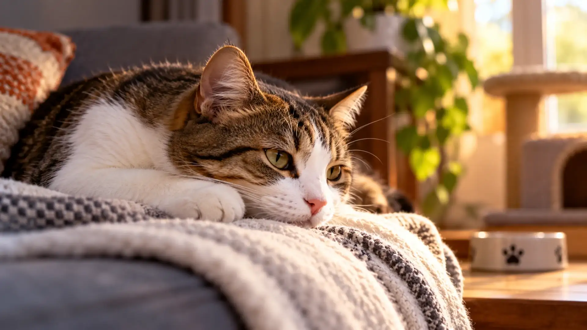 Sunlit Tabby Relaxing on a Blanket