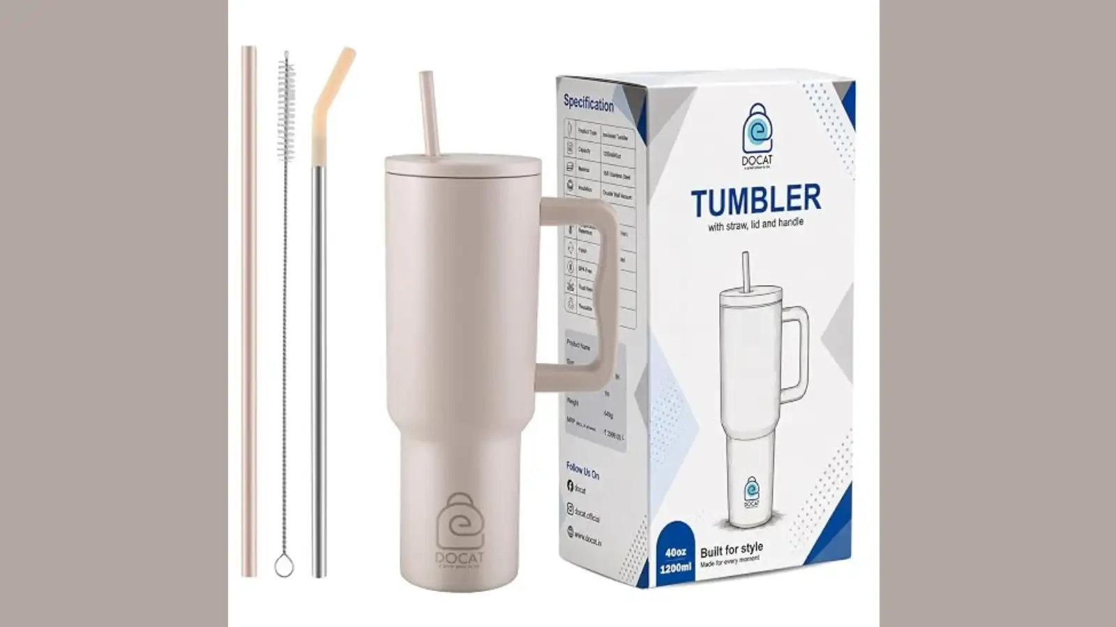 3-DOCAT Stainless Steel Tumbler with Lid and Straw