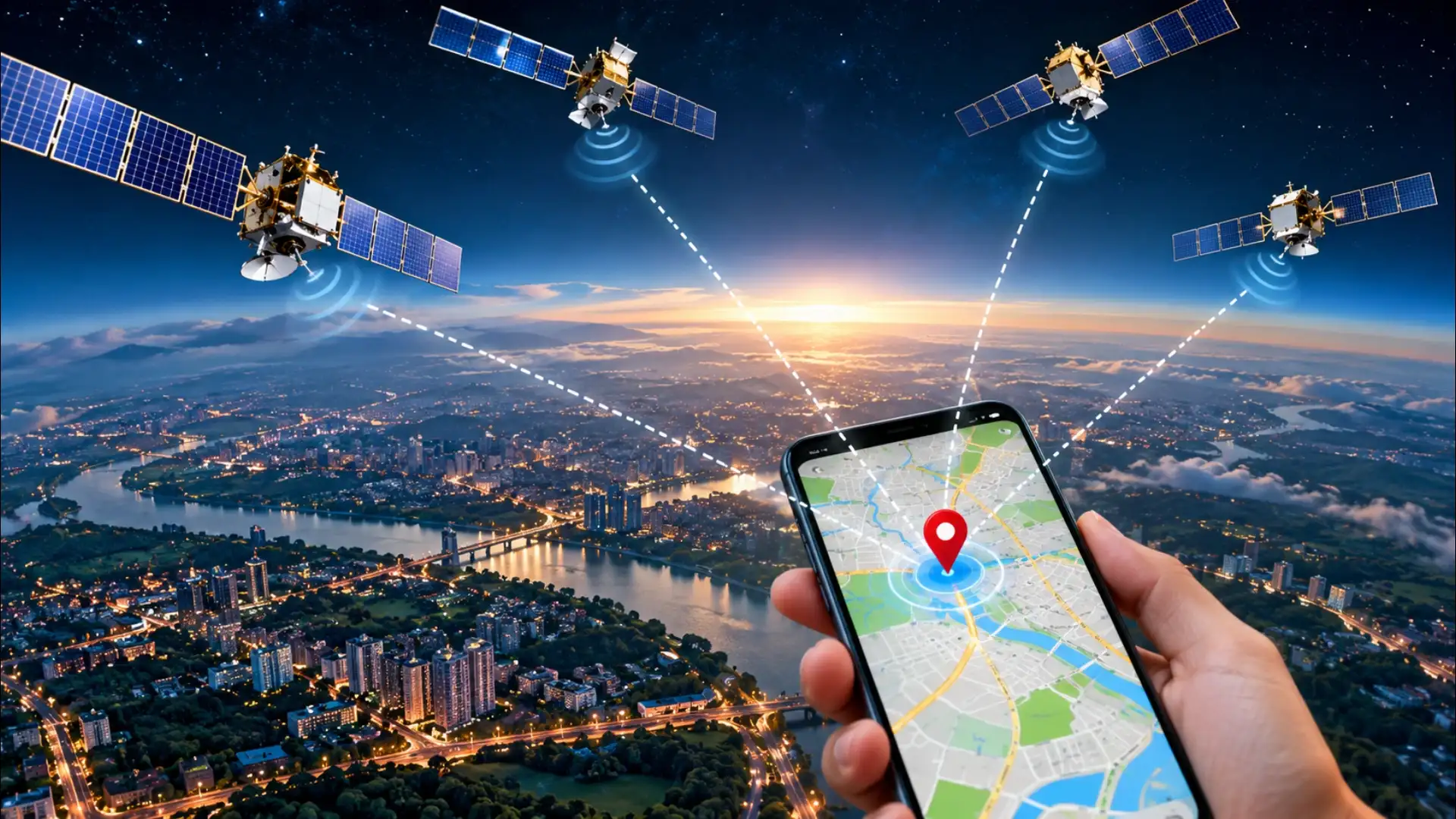 Satellite GPS Over Cityscape