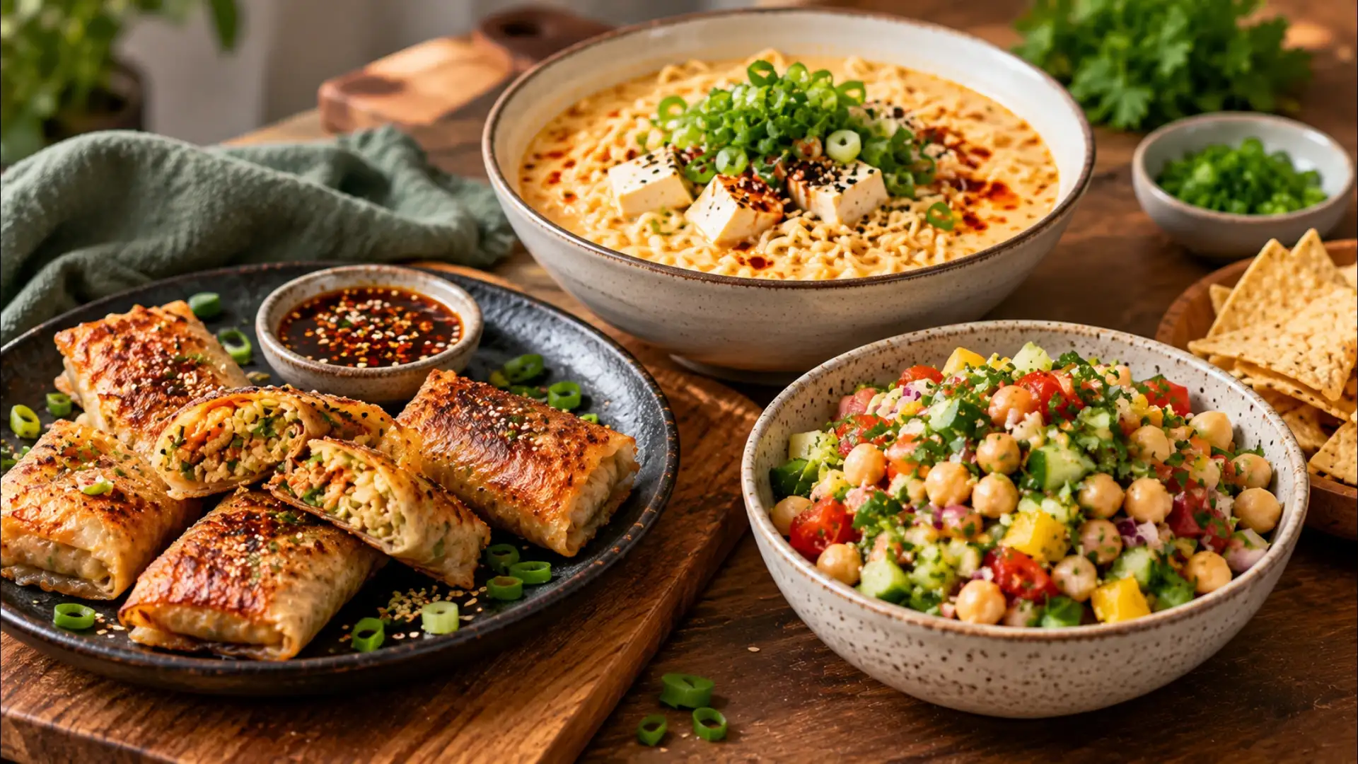 Crispy Rolls, Ramen and Fresh Salsa