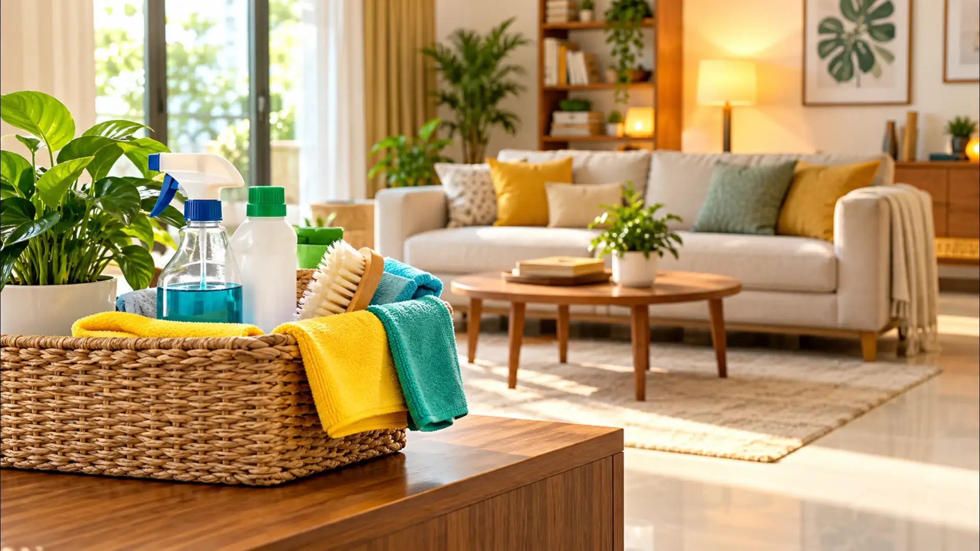 Fresh Cleaning Basket in a Sunlit Living Room