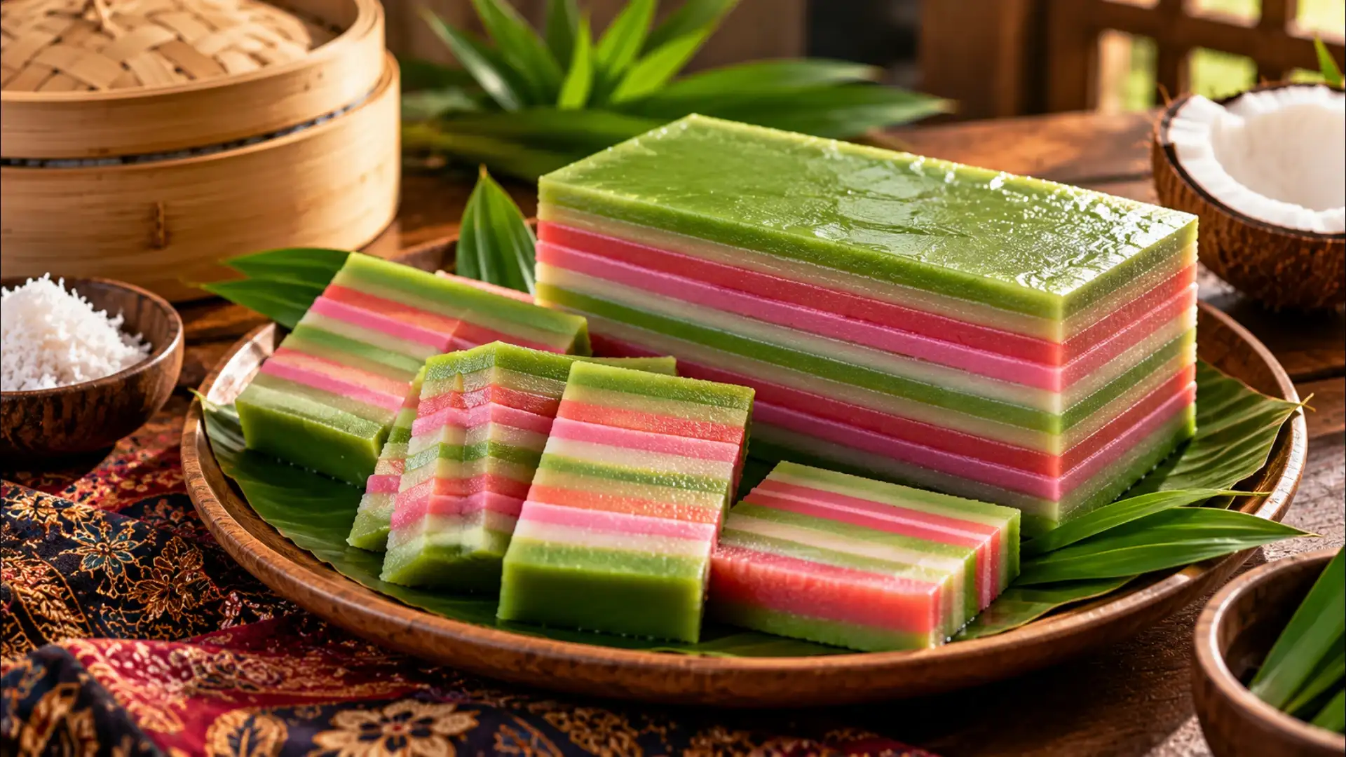 Vibrant Kuih Lapis on Banana Leaf