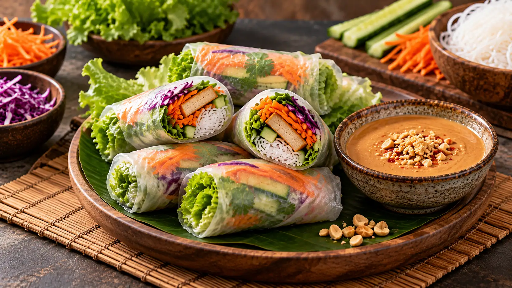 Vibrant Vietnamese Spring Rolls with Peanut Dip