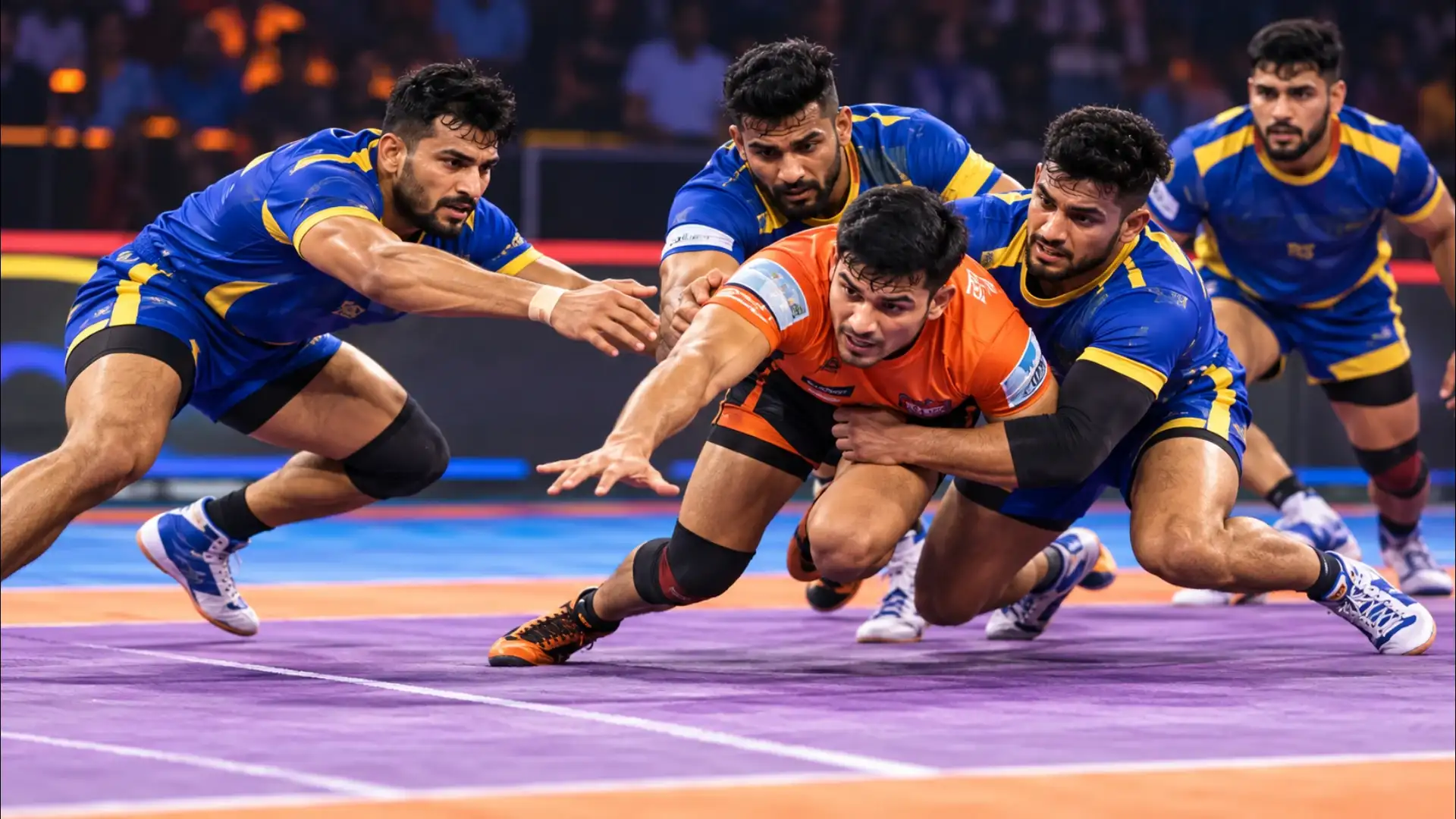 Kabaddi Raider Surrounded in Mid-Tackle