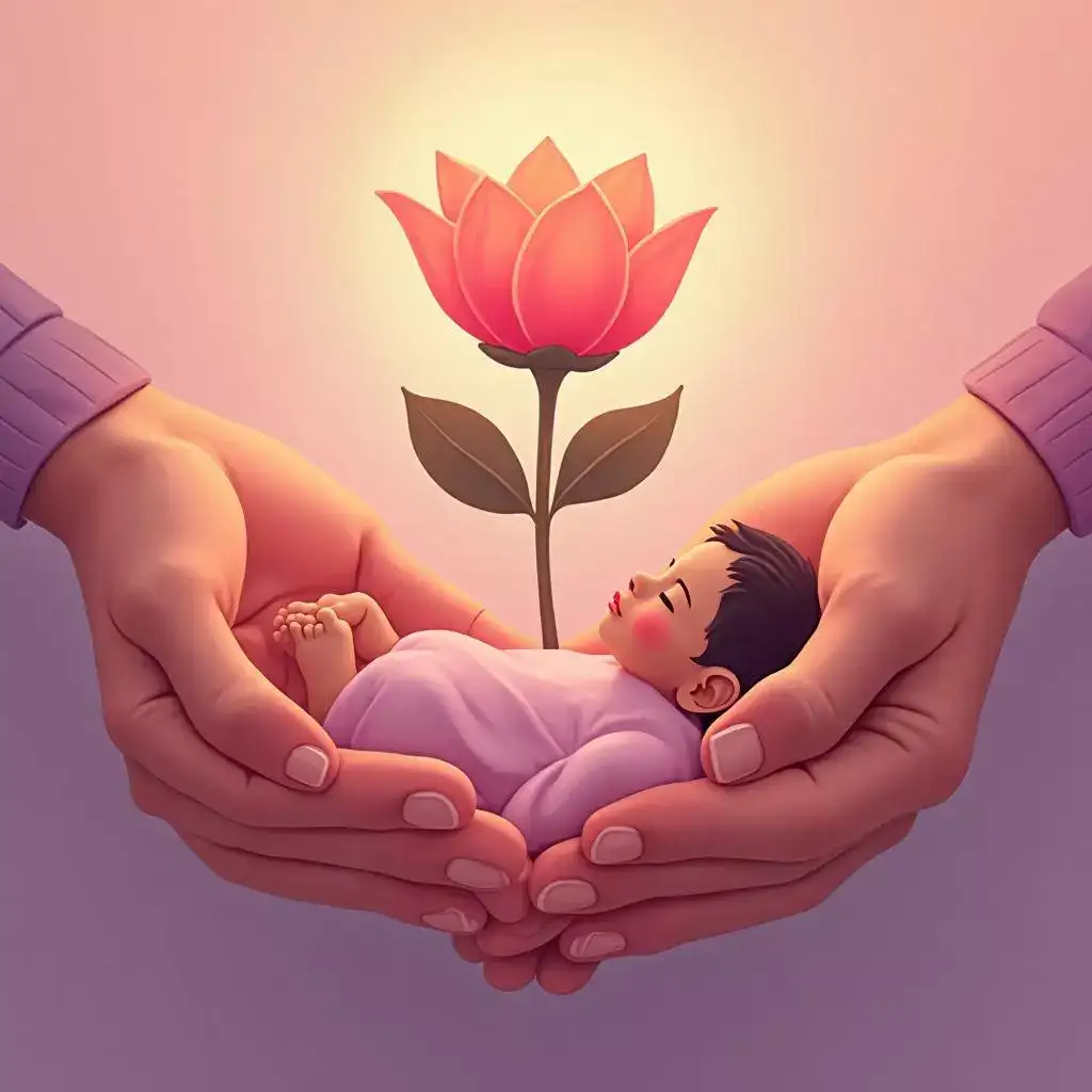 Hands cupping a newborn baby with lotus flower