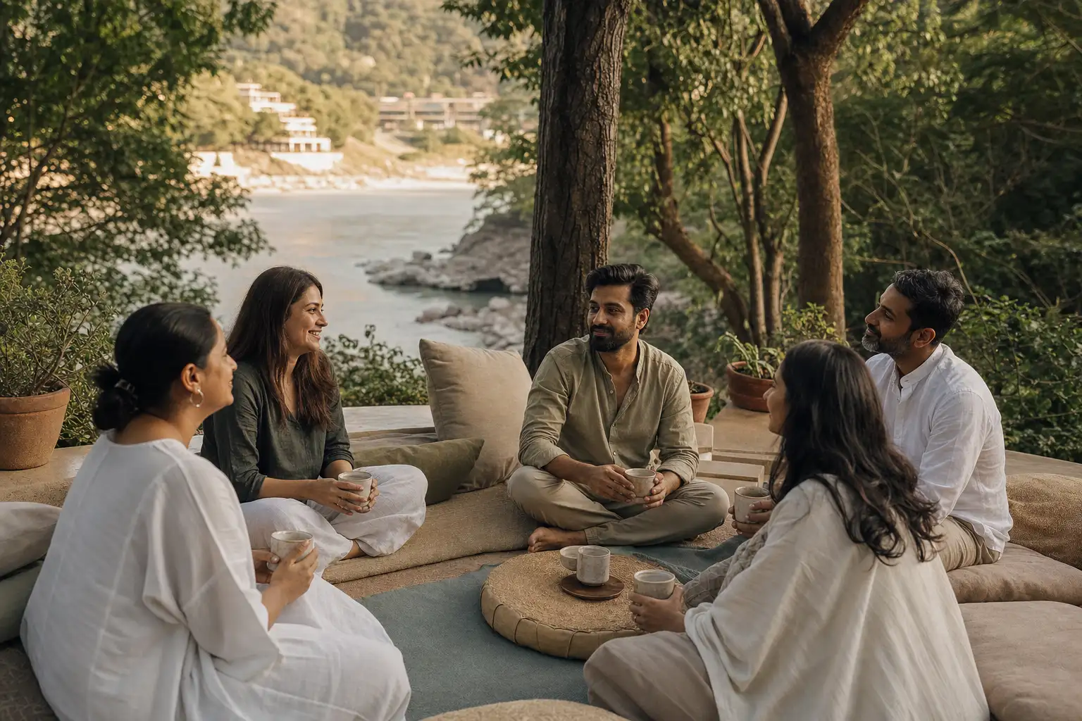 Retreat guests sharing a peaceful tea circle