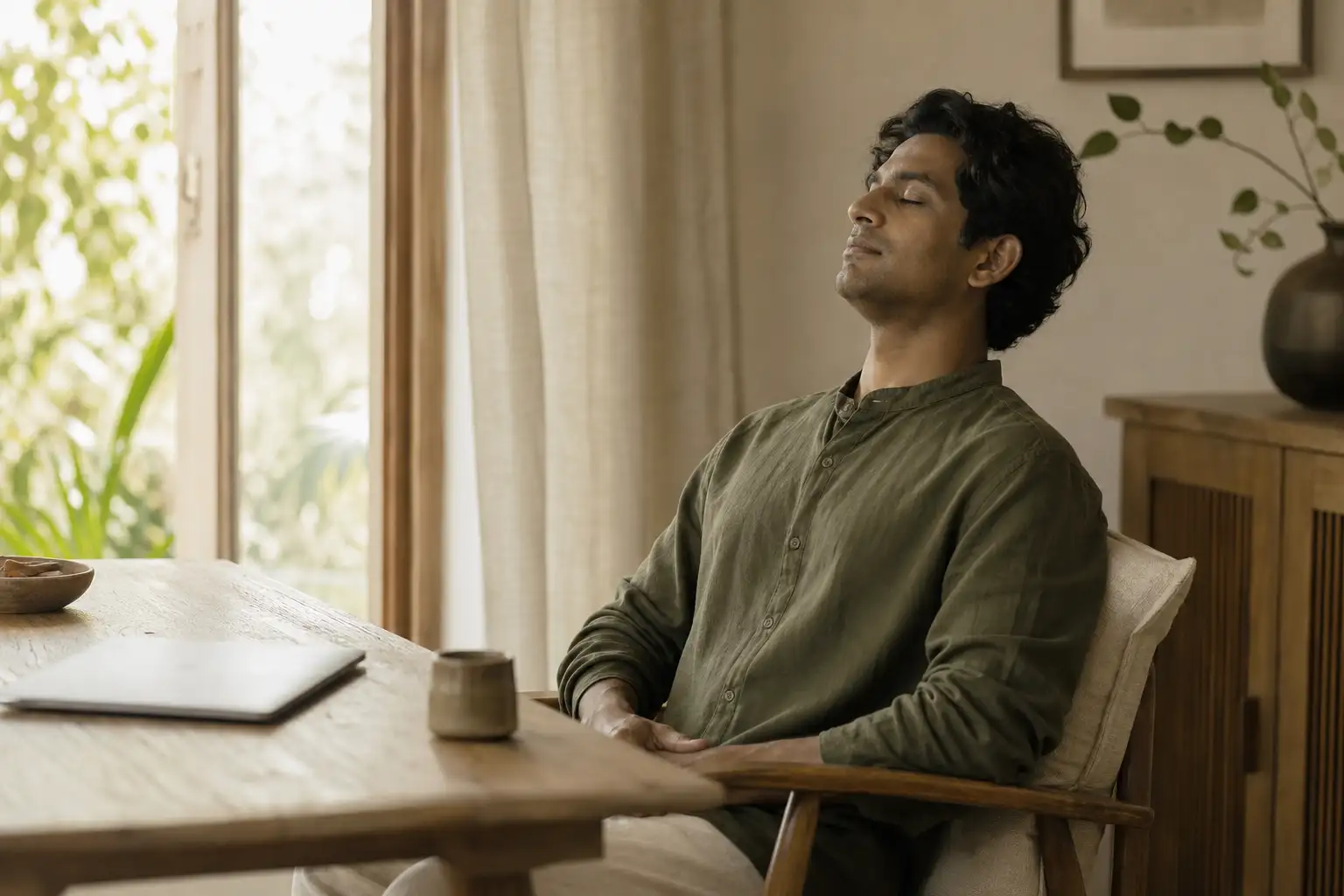 A tired professional pausing beside a closed laptop
