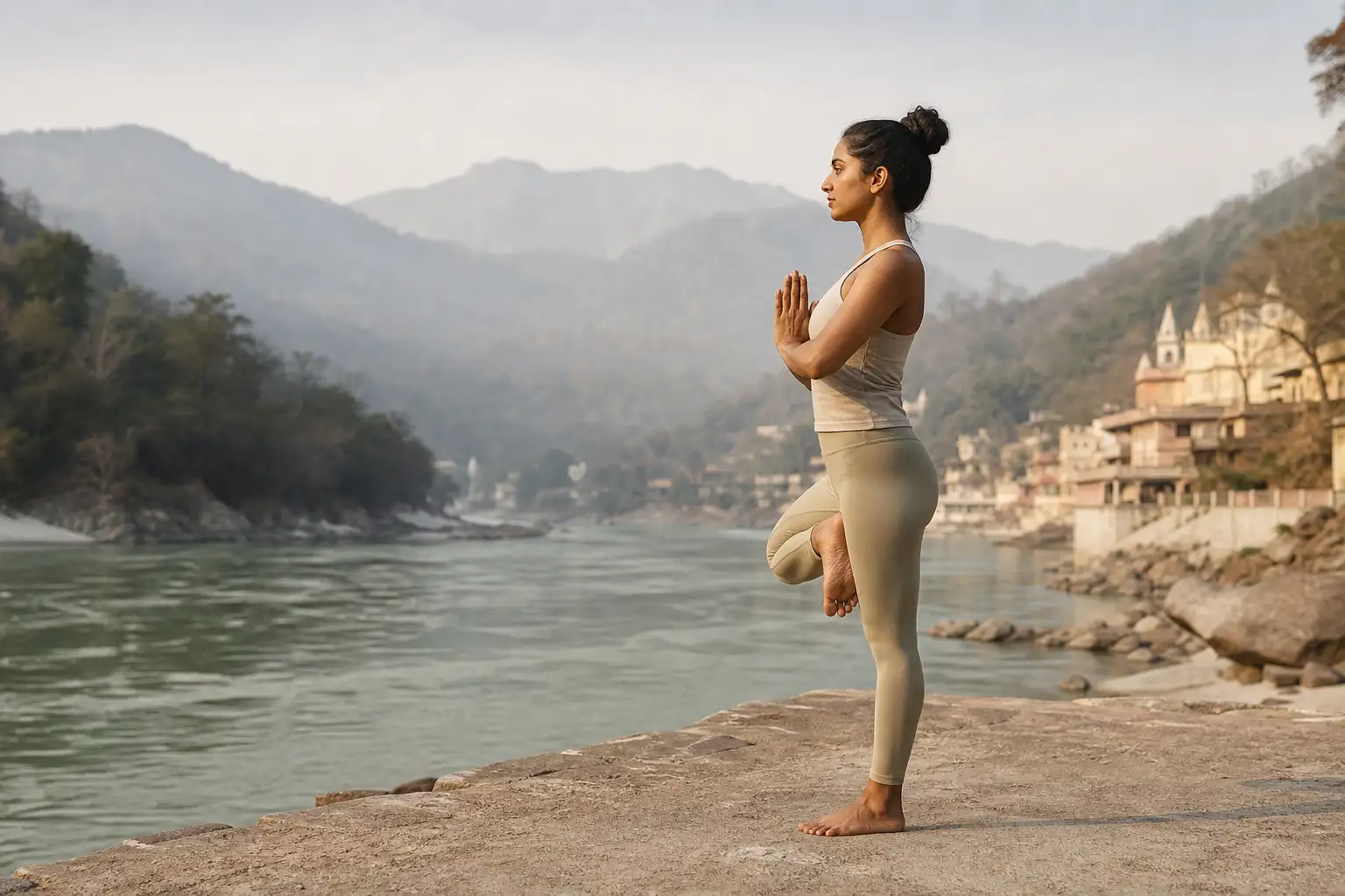 A guest finding balance through riverside yoga