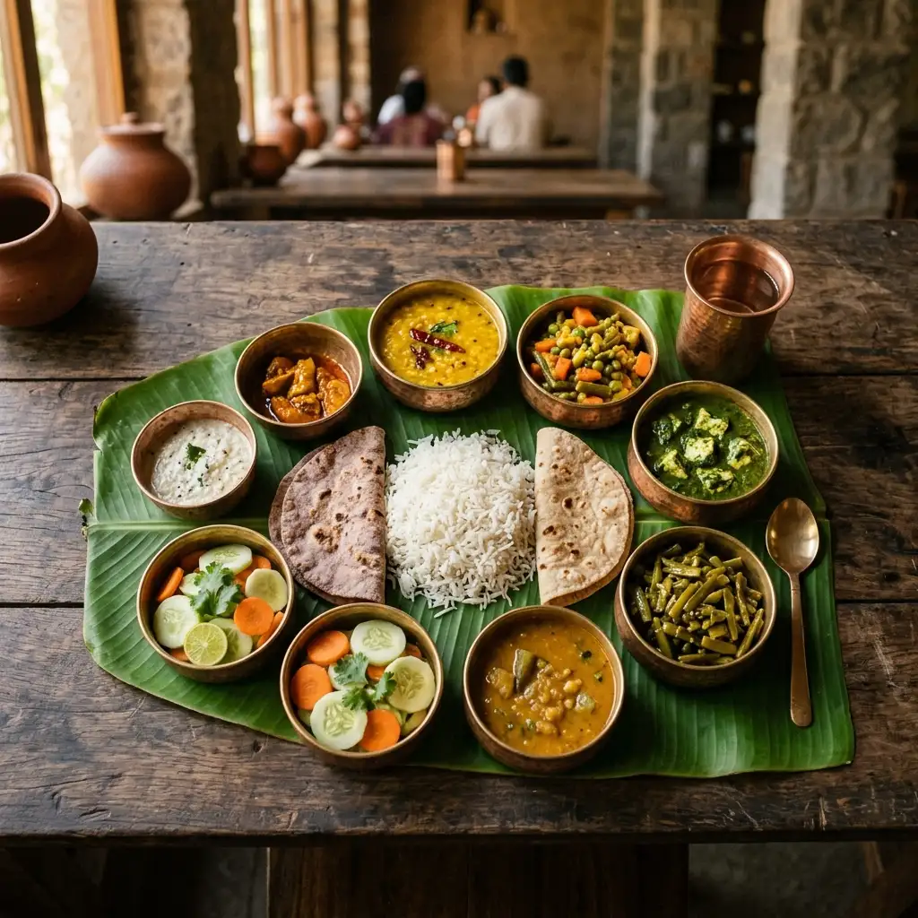 Guests sharing a fresh satvik meal around a retreat table