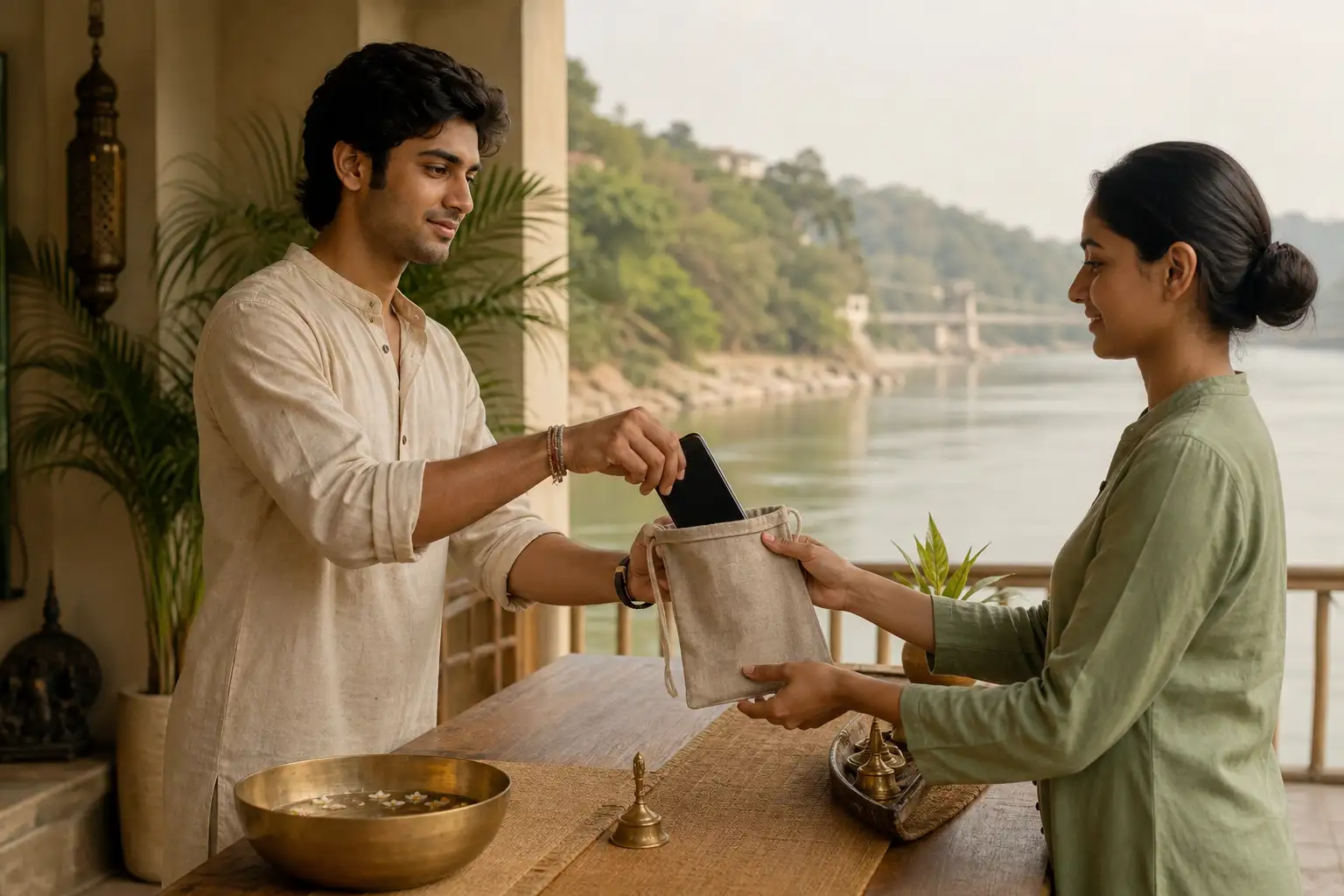 A guest placing a switched-off phone into a digital detox pouch