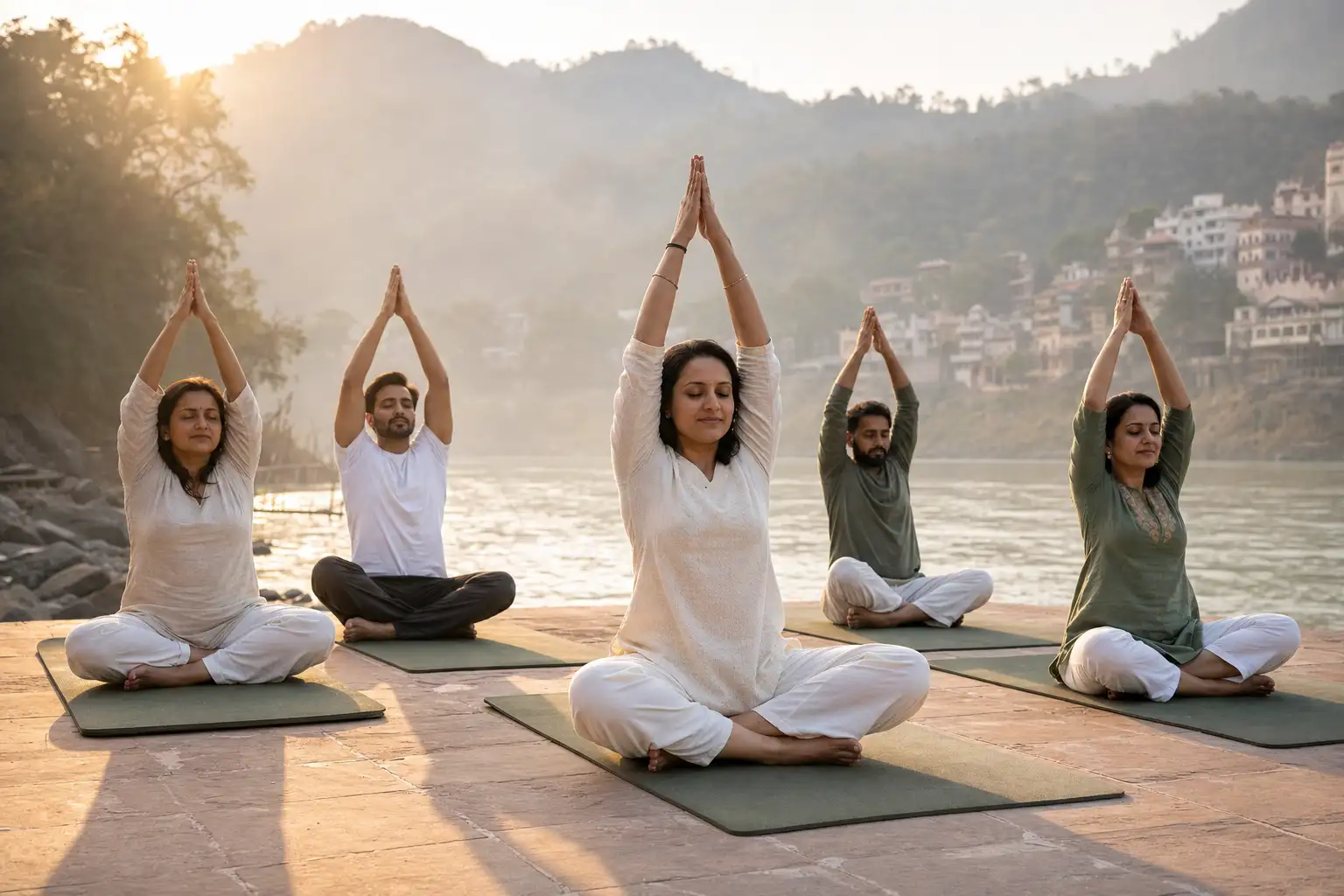 A small group practising sunrise yoga beside the Ganga