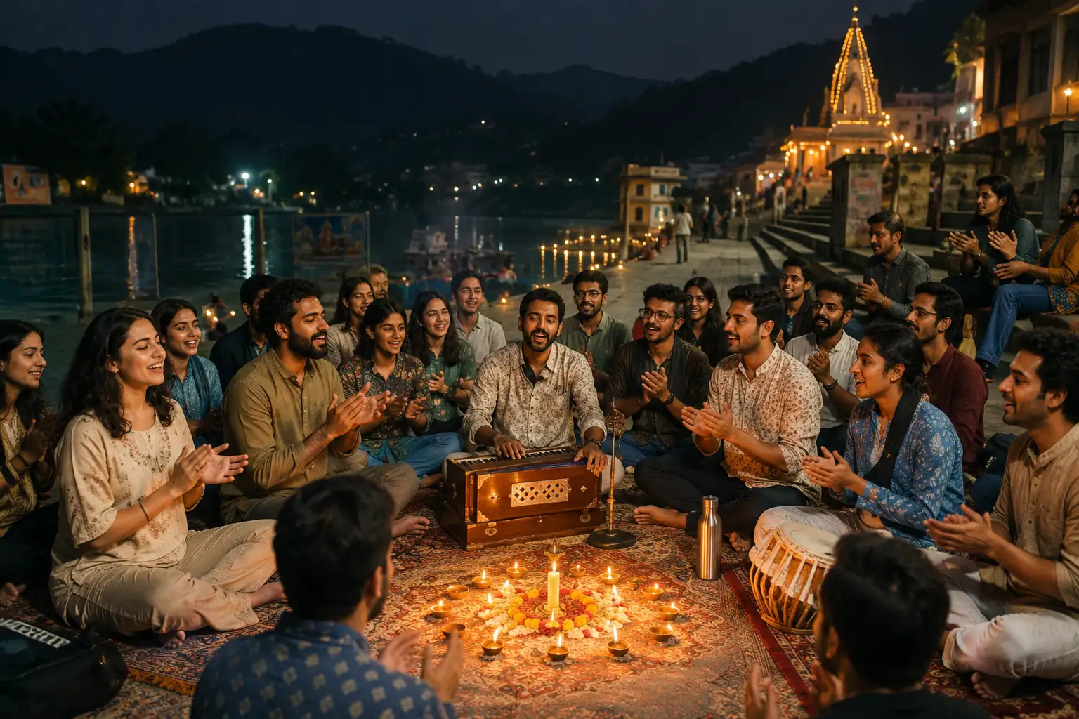 A candlelit bhajan circle with harmonium and tabla