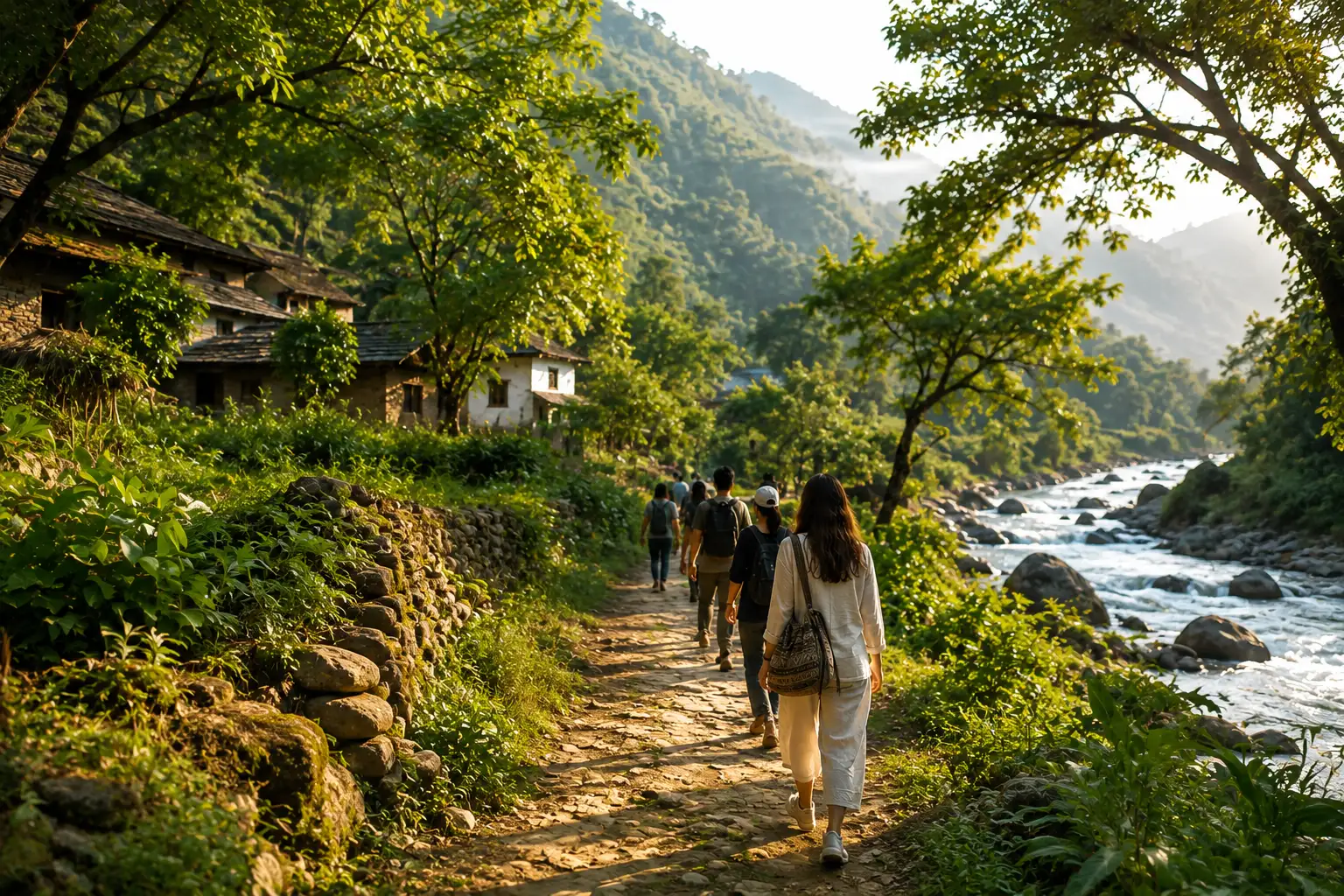Retreat guests walking barefoot on a forest path beside the river