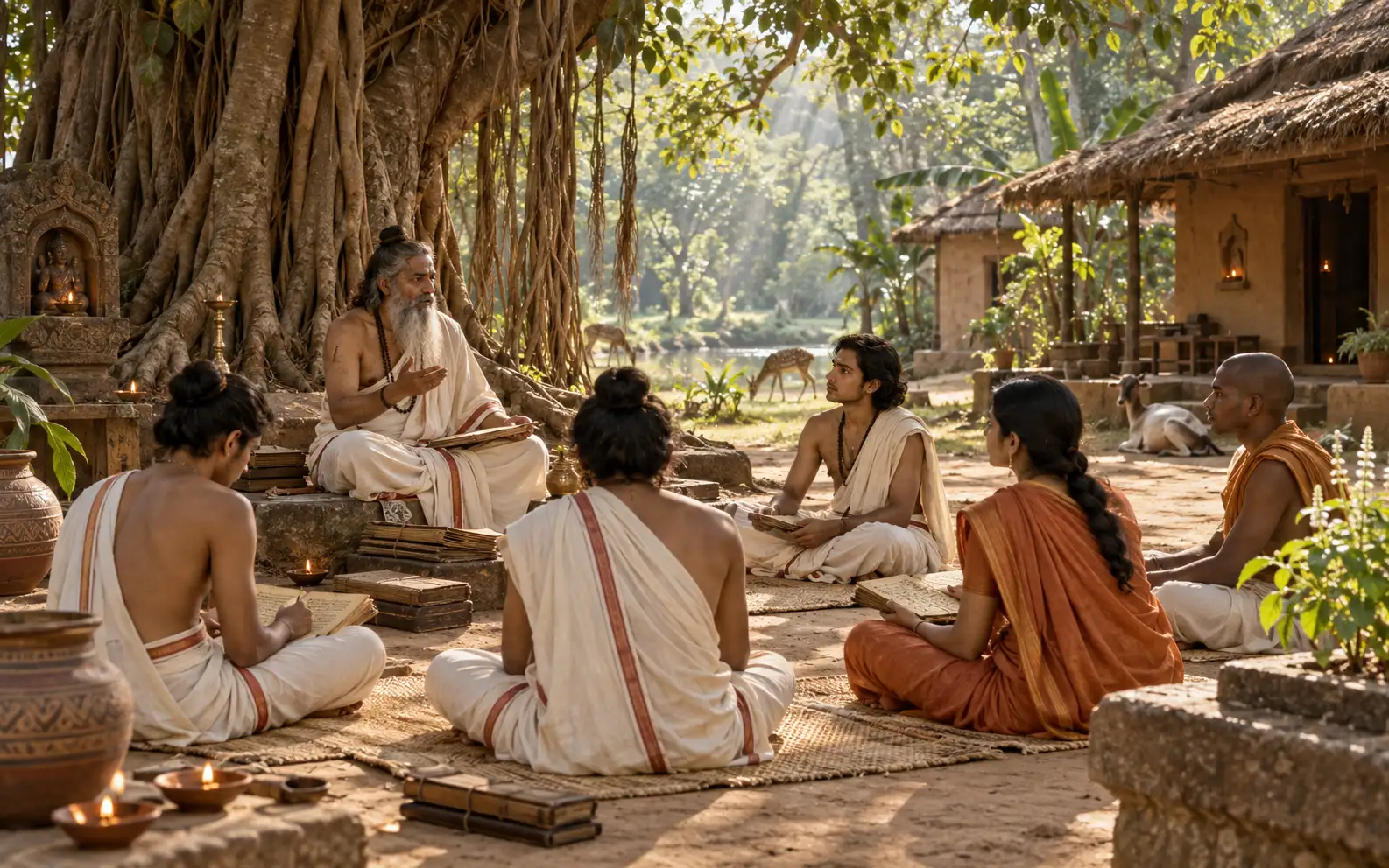 Guru teaching shishyas beneath a banyan tree in an ancient Indian gurukulam