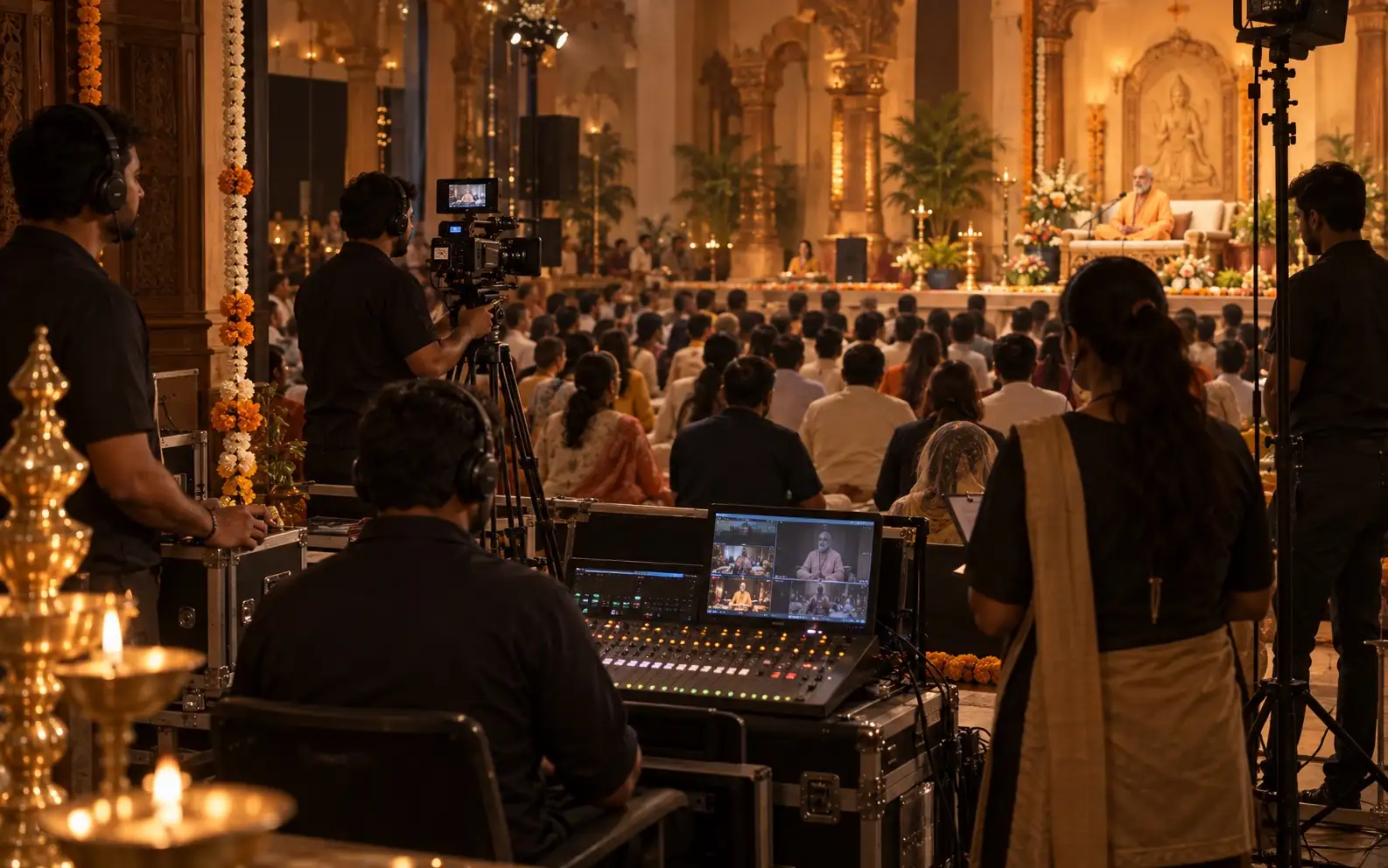 Professional production team managing a spiritual gathering
