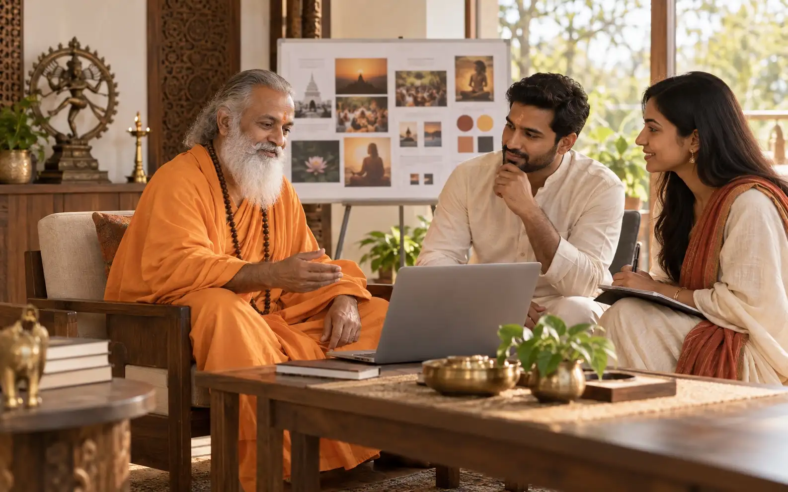 Spiritual teacher reviewing a digital strategy with a specialist team
