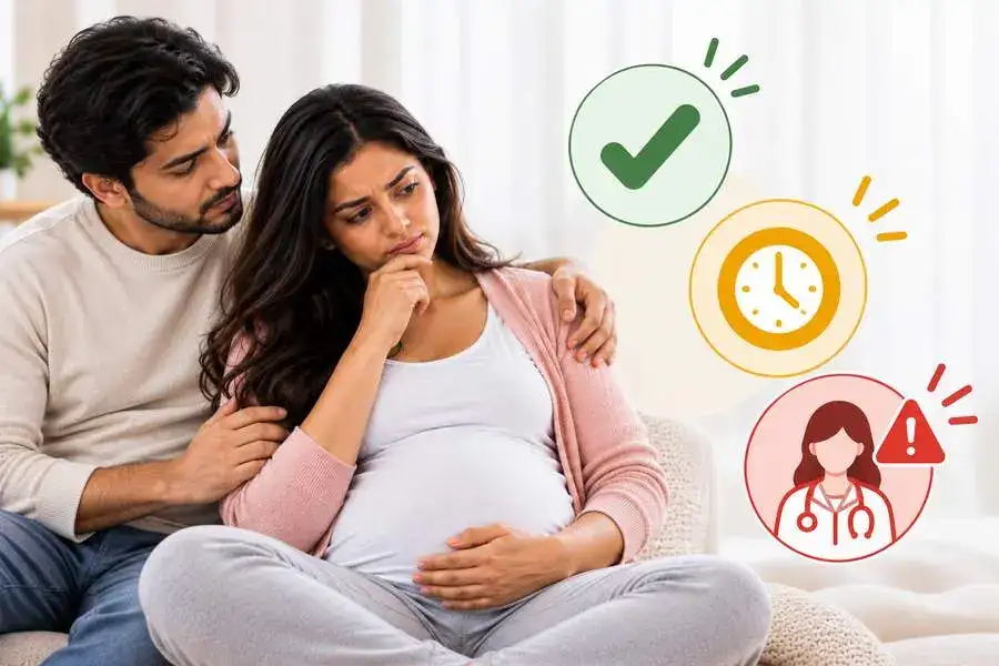 Worried couple with icons for normal, monitor and see a doctor