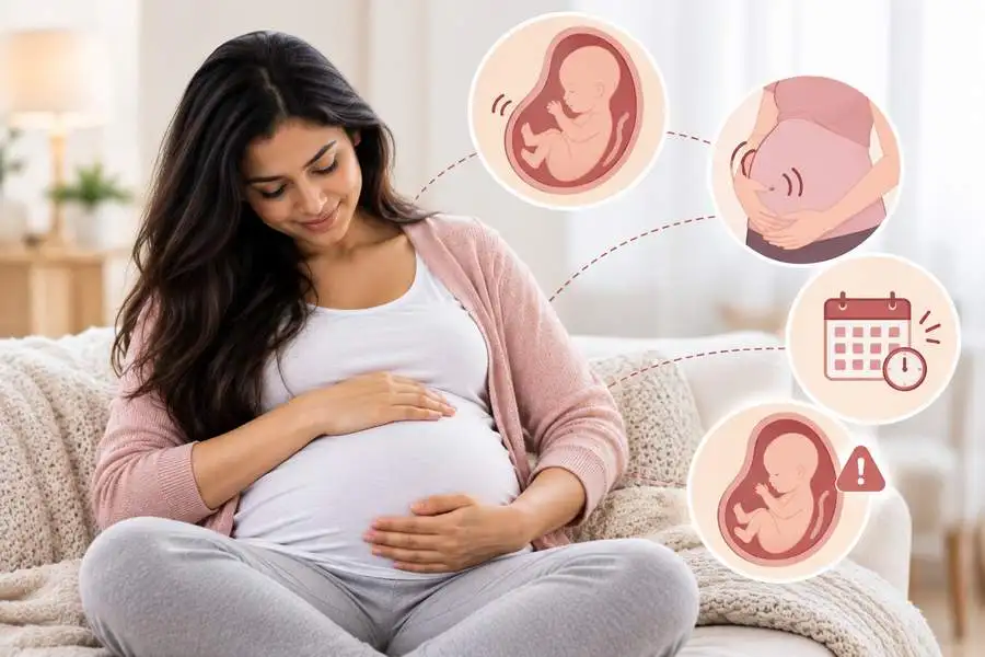 Pregnant woman with hands on her belly, with icons for baby movements