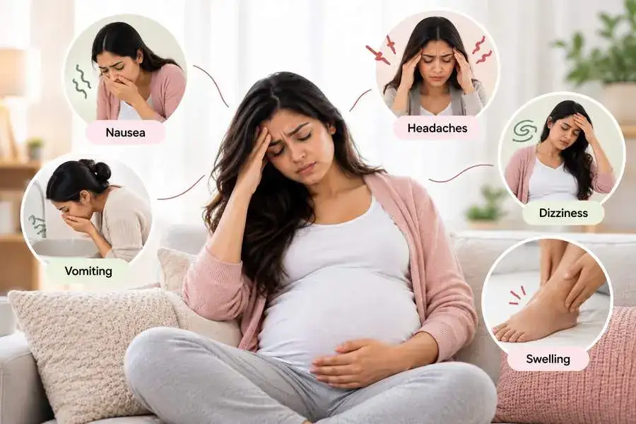 Pregnant woman with a headache, with icons for nausea, vomiting, dizziness and swelling