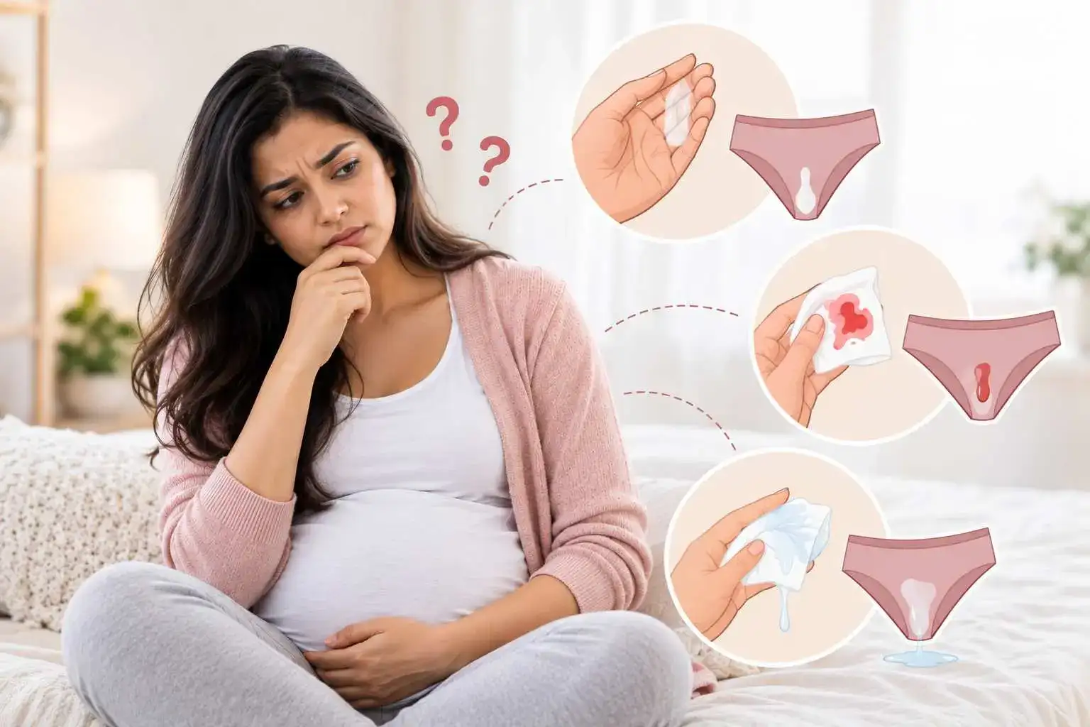 Pregnant woman unsure about discharge, spotting and leaking fluid