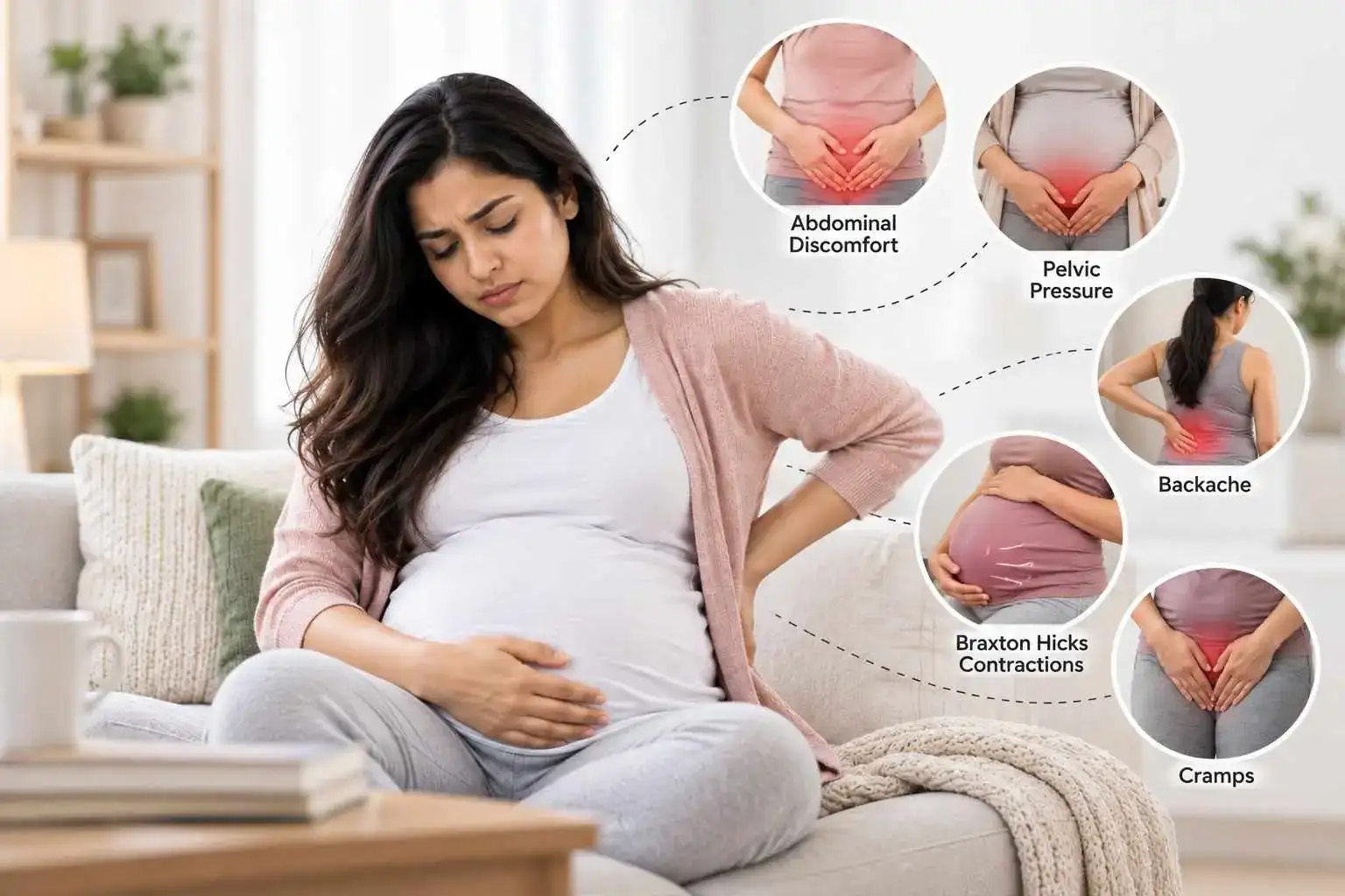 Pregnant woman holding her back, with icons for abdominal discomfort, pelvic pressure, backache, Braxton Hicks and cramps