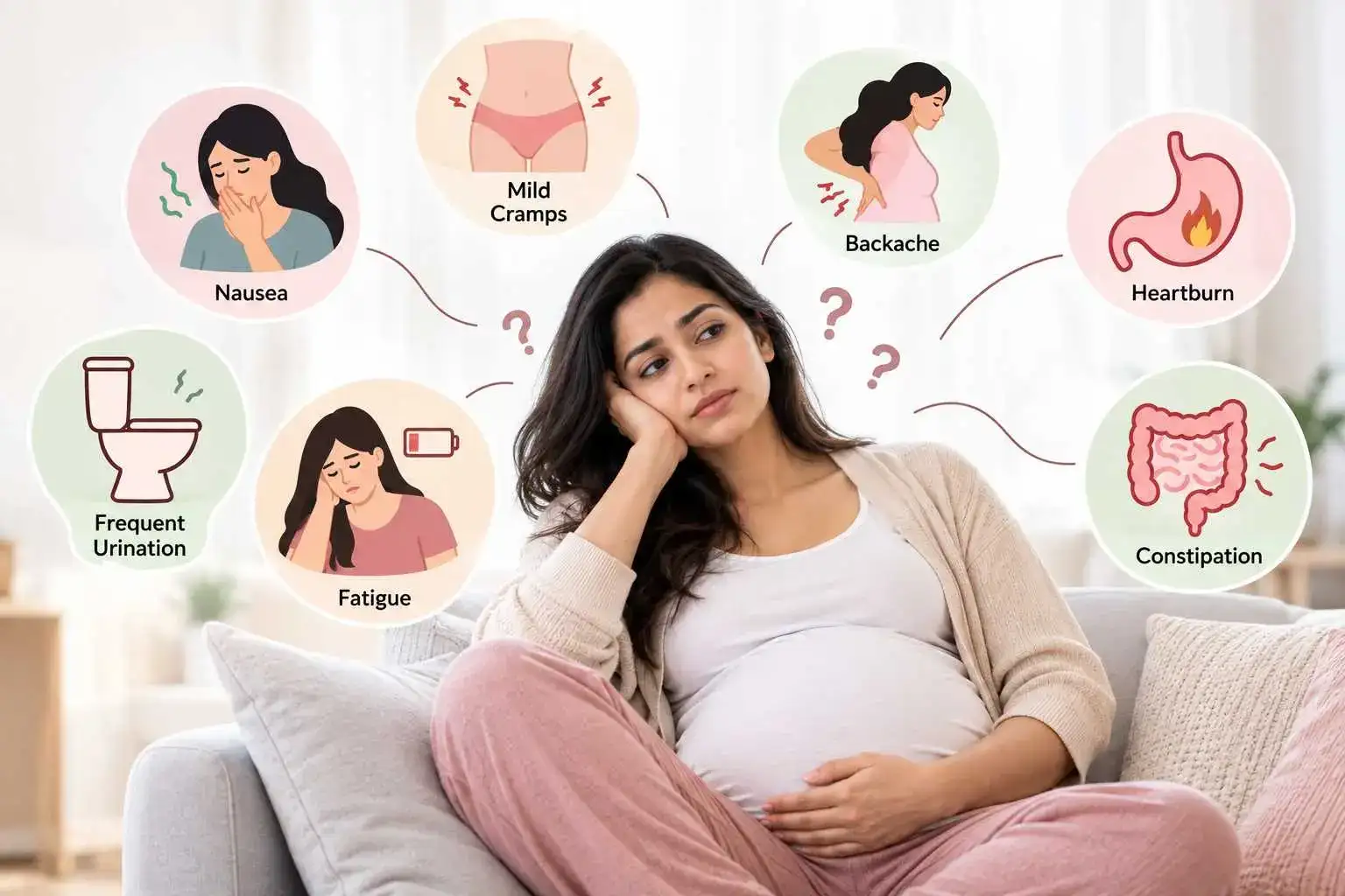 Pregnant woman on a sofa wondering about common pregnancy symptoms