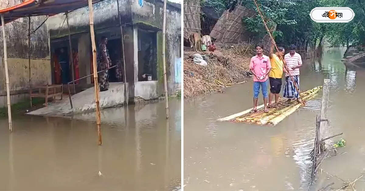 Raiganj : ভোটকেন্দ্রে জল থৈ থৈ অবস্থা, রায়গঞ্জে ভেলা ভাসিয়ে বুথে এলাকাবাসী – raiganj bypoll voters went to booth using boat at flood affected area