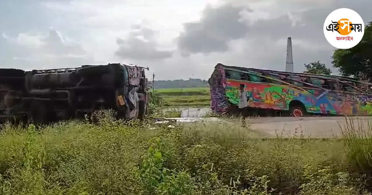 National Highway Accident,দাঁতনে পুরীগামী বাসের পিছনে লরির ধাক্কা, জখম ৪ – lorry hit tourist bus way to puri in national highway at dantan