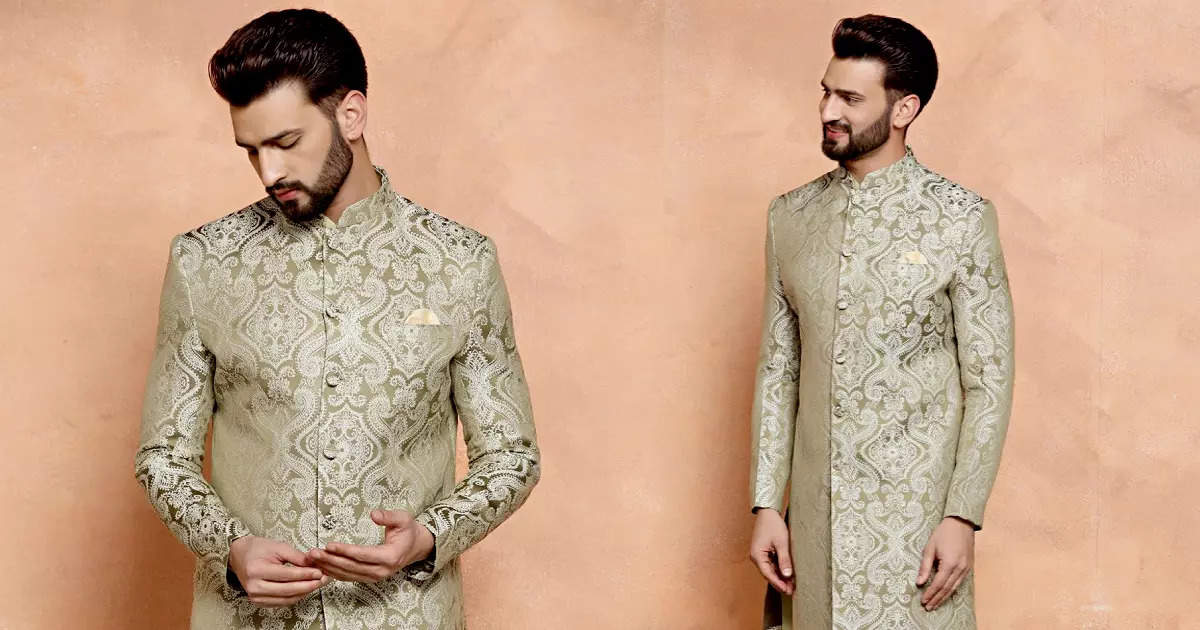 Silk Fabric Heavy Embroidered Grey Color Wedding Wear Designer Readymade  Sherwani For Men With Stole