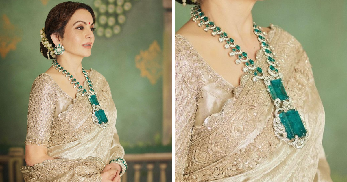 Nita Ambani Emerald Necklace Kanchipuram Sari,नीता अंबानी का गले का हार देख लगा जोर का झटका, पहना अब तक का सबसे बड़ा पन्ना - nita ambani shocking size of emerald in the