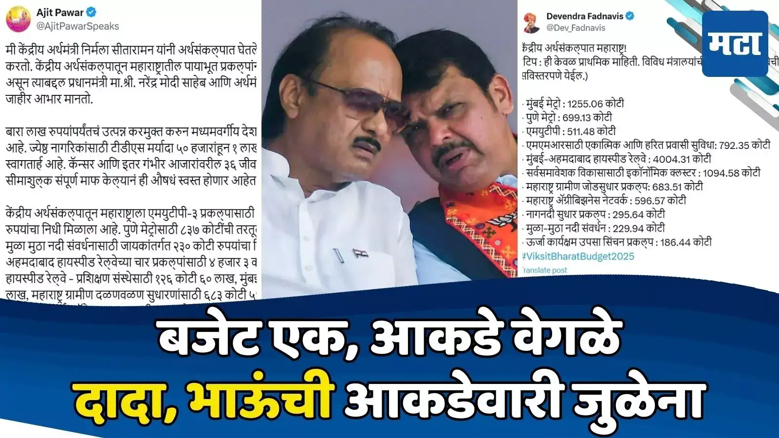 फडणवीस, दादांनी दिलेली आकडेवारी जुळेना; बजेटमधून राज्याच्या वाट्याला नेमकं काय? फडणवीस, दादांनी दिलेली आकडेवारी जुळेना; बजेटमधून राज्याच्या वाट्याला नेमकं काय?