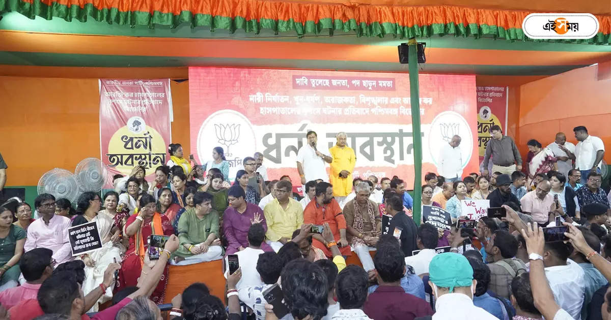 Bjp West Bengal,দূরত্ব সরিয়ে মঞ্চে তিন পদ্ম-নেতা, আরজি কর ইস্যুতে পথে কংগ্রেসও – sukanta majumdar suvendu adhikari and dilip ghosh seen on wednesday bjp protest rally