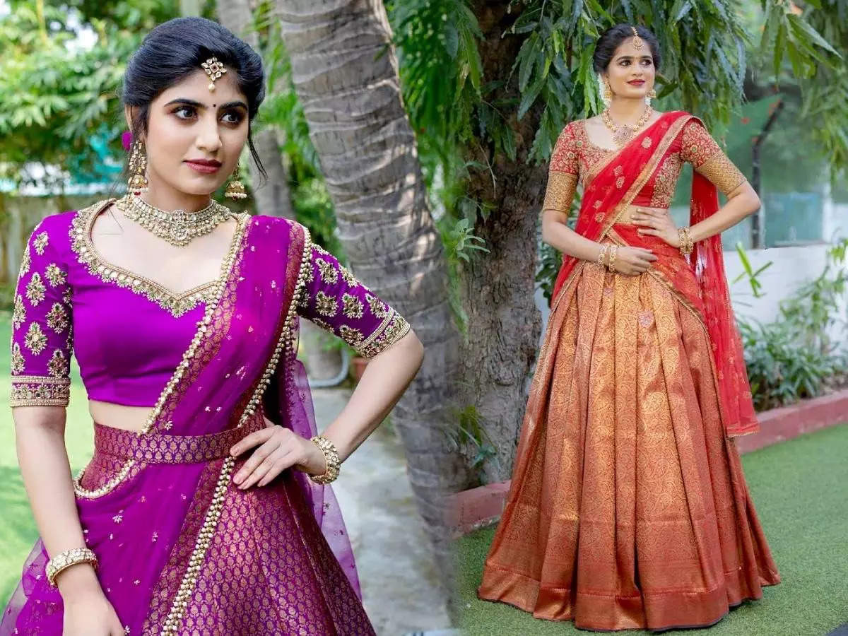 40 Elegant Half Saree Lehenga Designs For The South Indian Brides!