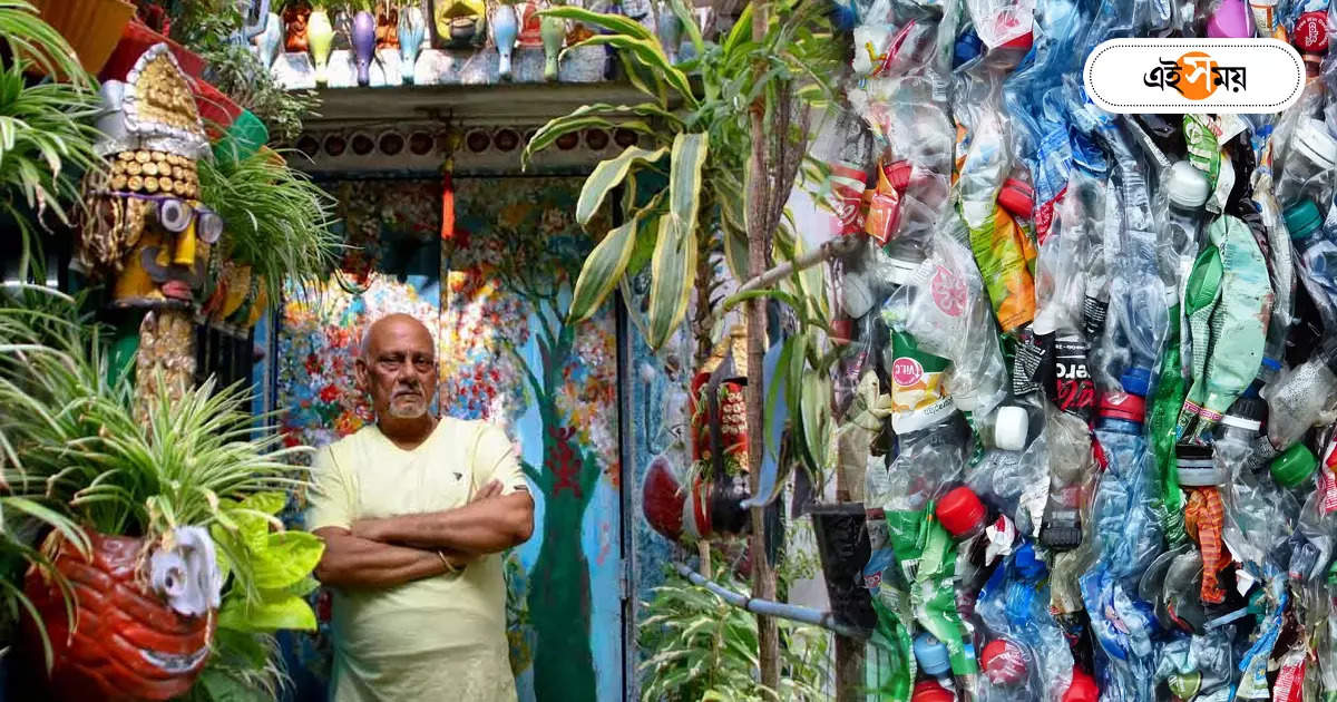 Plant On Plastic Bottle : ফেলে দেওয়া প্লাস্টিকে ফুল ফোটাচ্ছেন ৬৮-র পার্থ – dumdum seven tank lane resident parthasarathi gangopadhyay is planting trees in plastic bottles