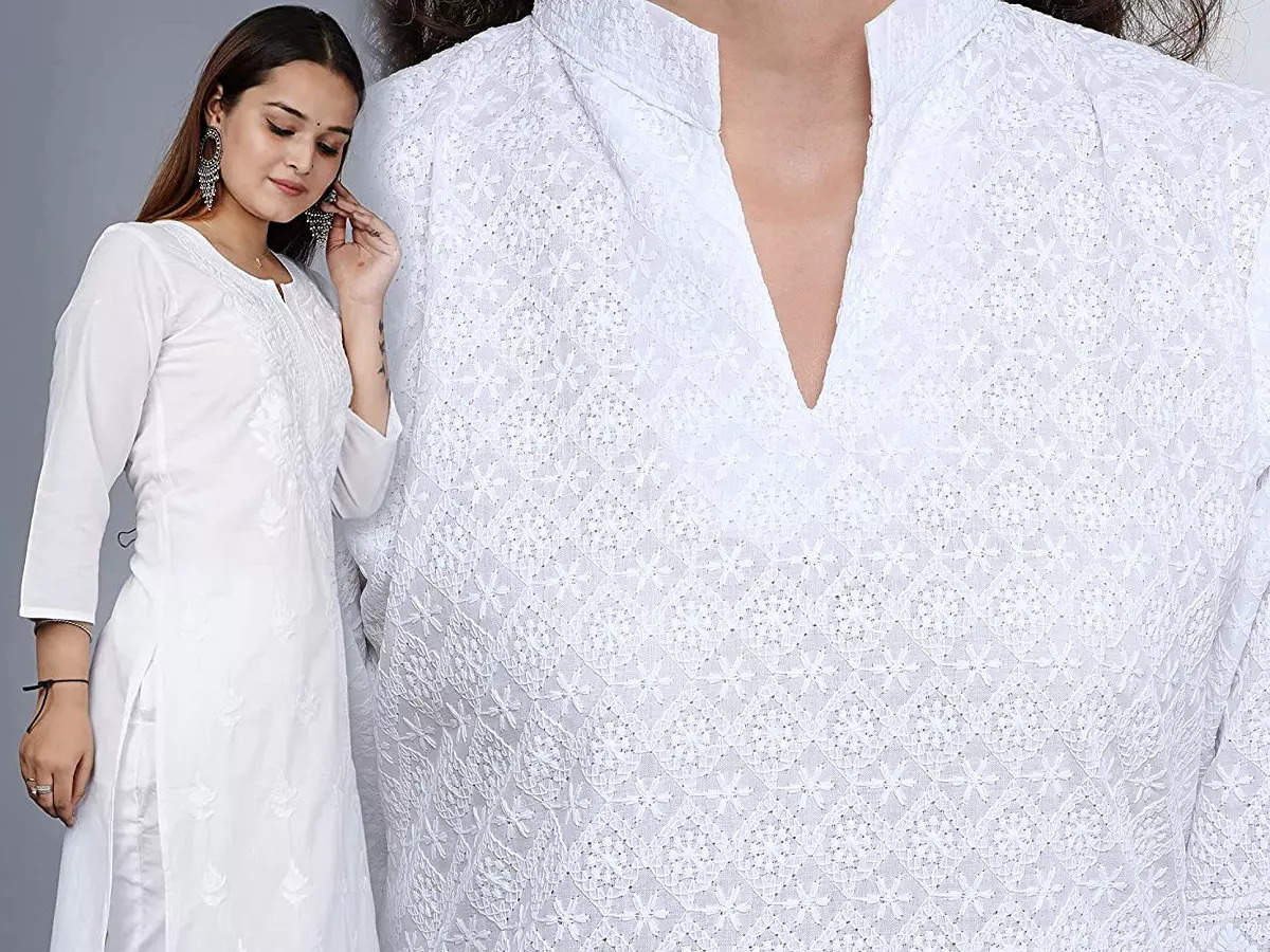 ADA Kurtas  Buy ADA White Embroidered Cotton Lucknow Chikan Kurta with  Slip Set of 2 XS A411117 OnlineNykaa Fashion