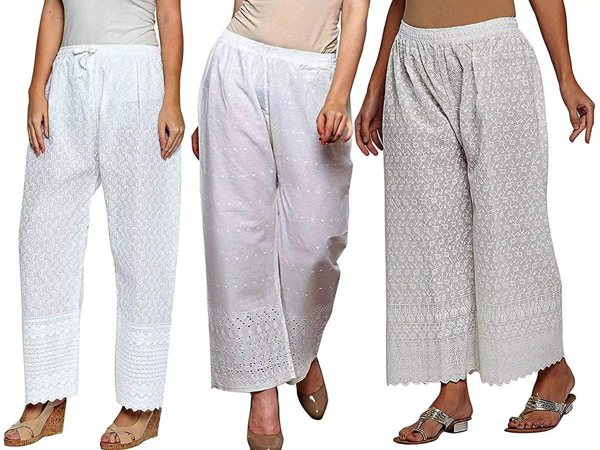 Women Straight style Rayon fabric White color Chicken work Palazzos