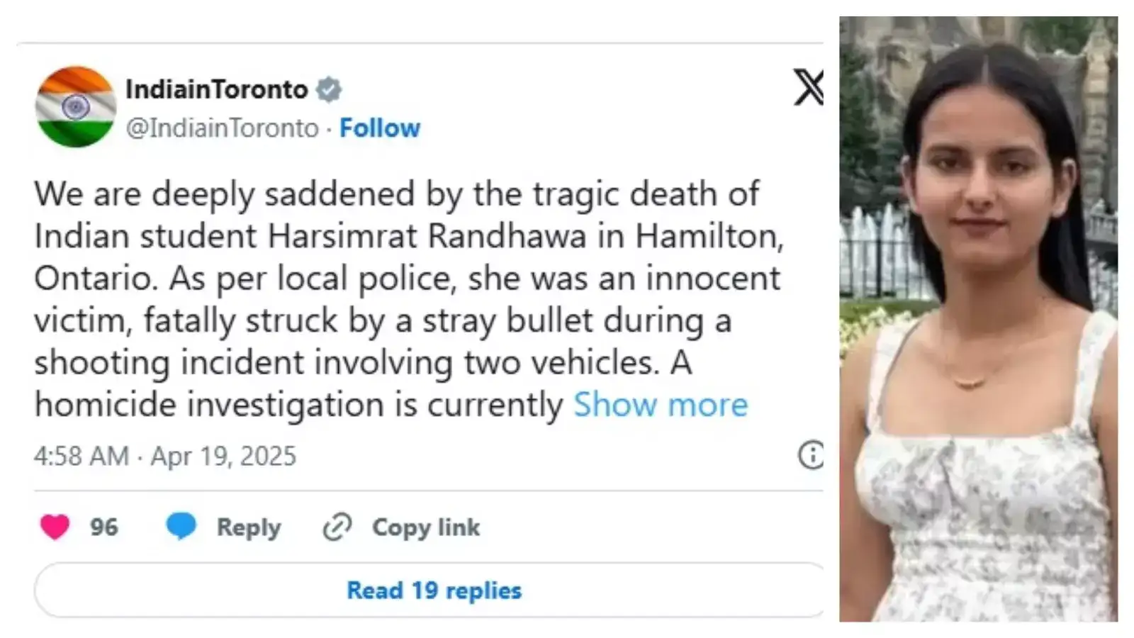 கனடா நாட்டில் நடந்த துப்பாக்கிச்சூட்டில் இந்திய மாணவி பலி! 