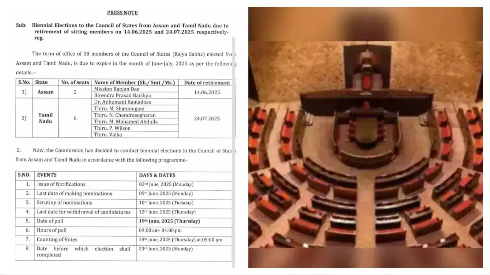 தமிழகத்தில் ஜூன் 19-இல் மாநிலங்களவைத் தேர்தல்! 