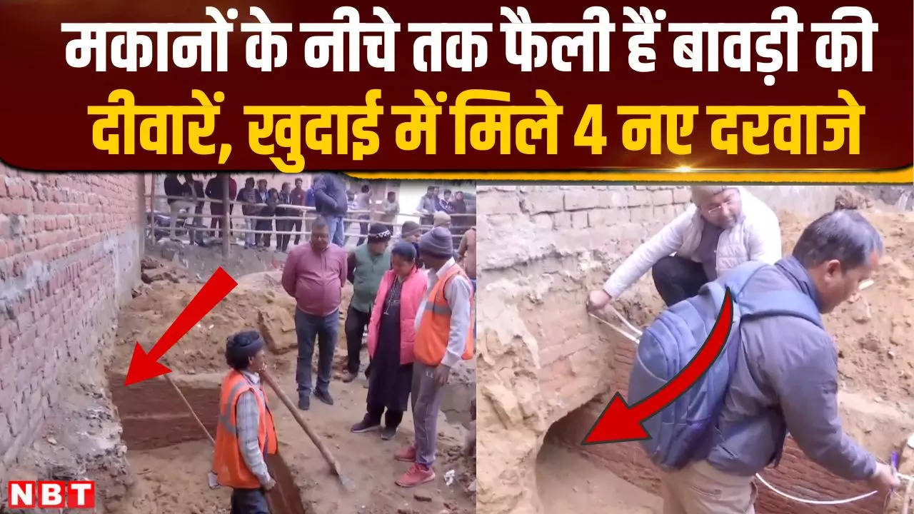 Sambhal News: बावड़ी में नजर आए 4 नए दरवाजे, मकानों के नीचे तक फैली हैं बावड़ी की जड़े - four new doors seen in stepwell, roots of stepwell spread below the houses - Navbharat Times