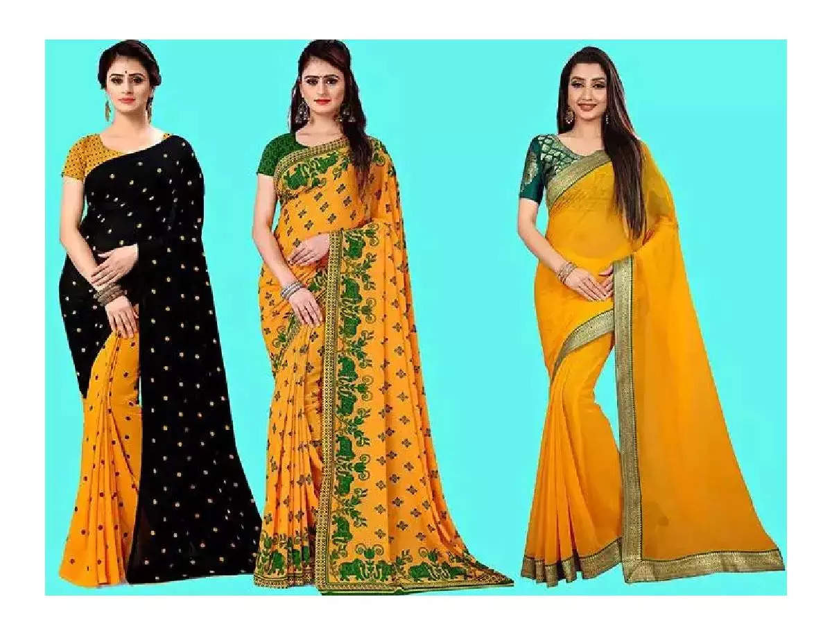 Buy Muta Fashion Woven Bollywood Chiffon, Lycra Blend Yellow, Brown, Dark  Blue, Red Sarees Online @ Best Price In India | Flipkart.com