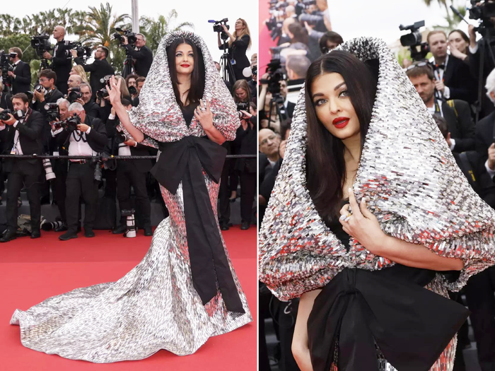 aishwarya rai bachchan looks gorgeous in silver black gown dress for cannes 2023