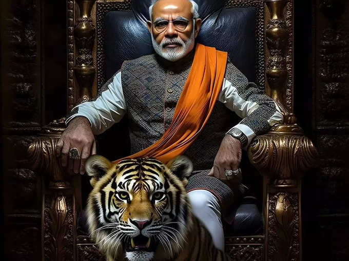 सिंहासन पर बैठे प्रधामंत्री नरेंद्र मोदी के साथ टाइगर की मनमोहक छवि