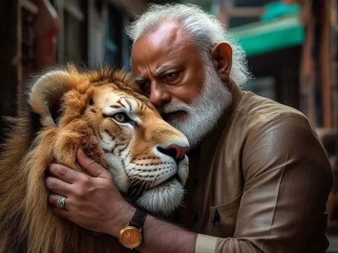 बब्बर शेर को दुलार करते हुए पीएम मोदी की शानदार तस्वीर