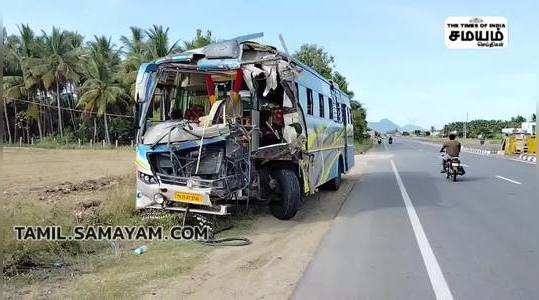 nine people injured in an accident between a tourist bus and a cargo vehicle on the salem chennai national highway