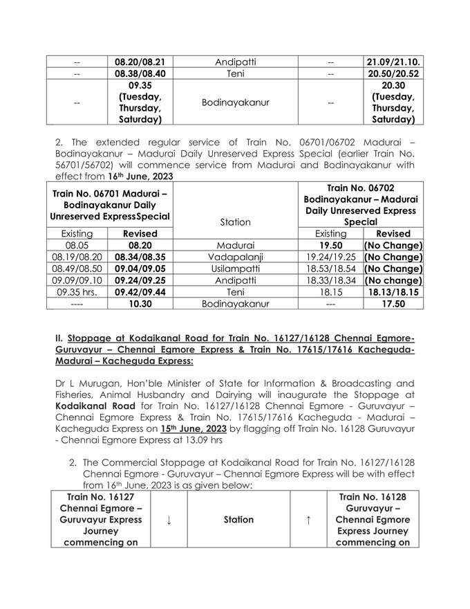 Extension of Train Services to Bodinayakanur and Stoppage at Kodaikanal Road for Train Services-2