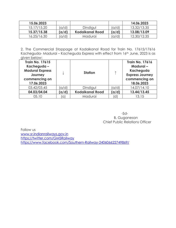 Extension of Train Services to Bodinayakanur and Stoppage at Kodaikanal Road for Train Services-3
